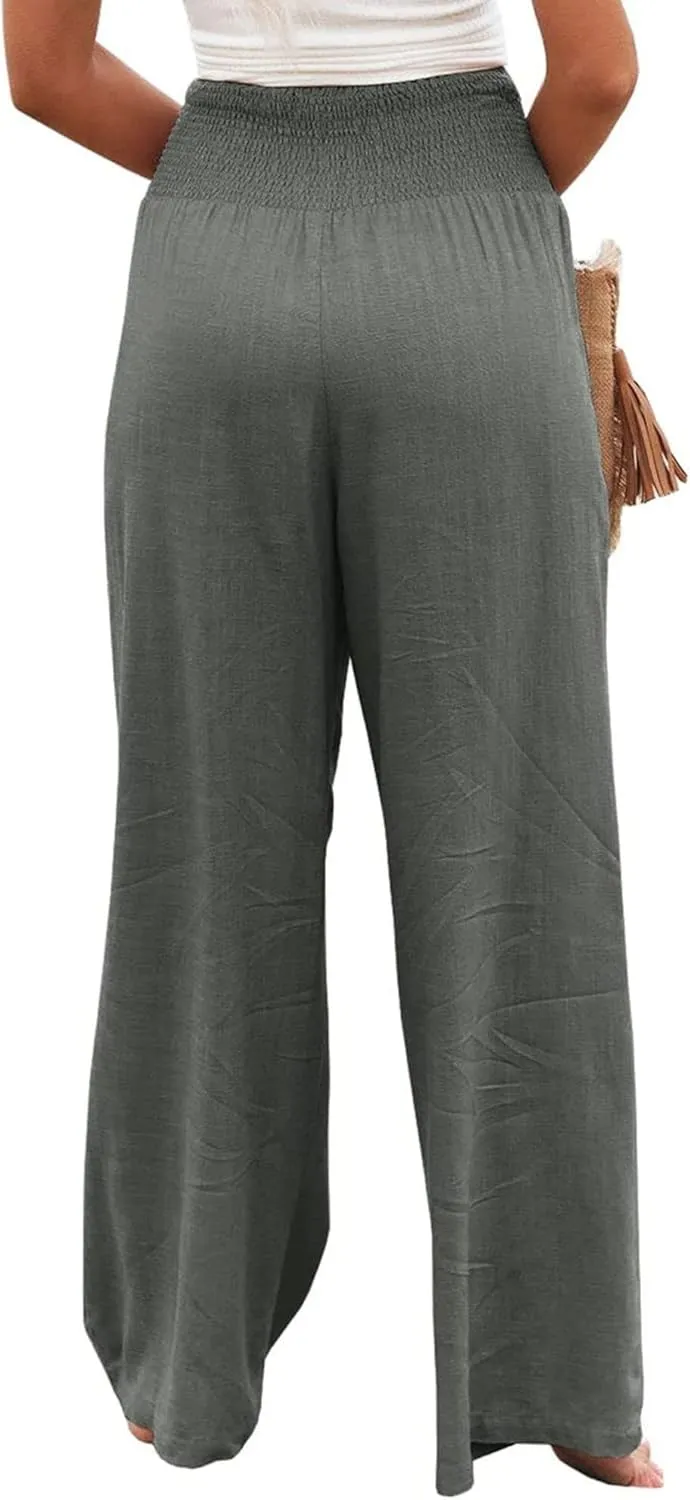 Womens Wide Leg Pants Linen Palazzo Pant Tummy Control Elastic High Waisted Lounge Pants Beach Trousers with Pocket