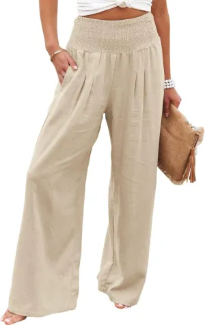 Womens Wide Leg Pants Linen Palazzo Pant Tummy Control Elastic High Waisted Lounge Pants Beach Trousers with Pocket