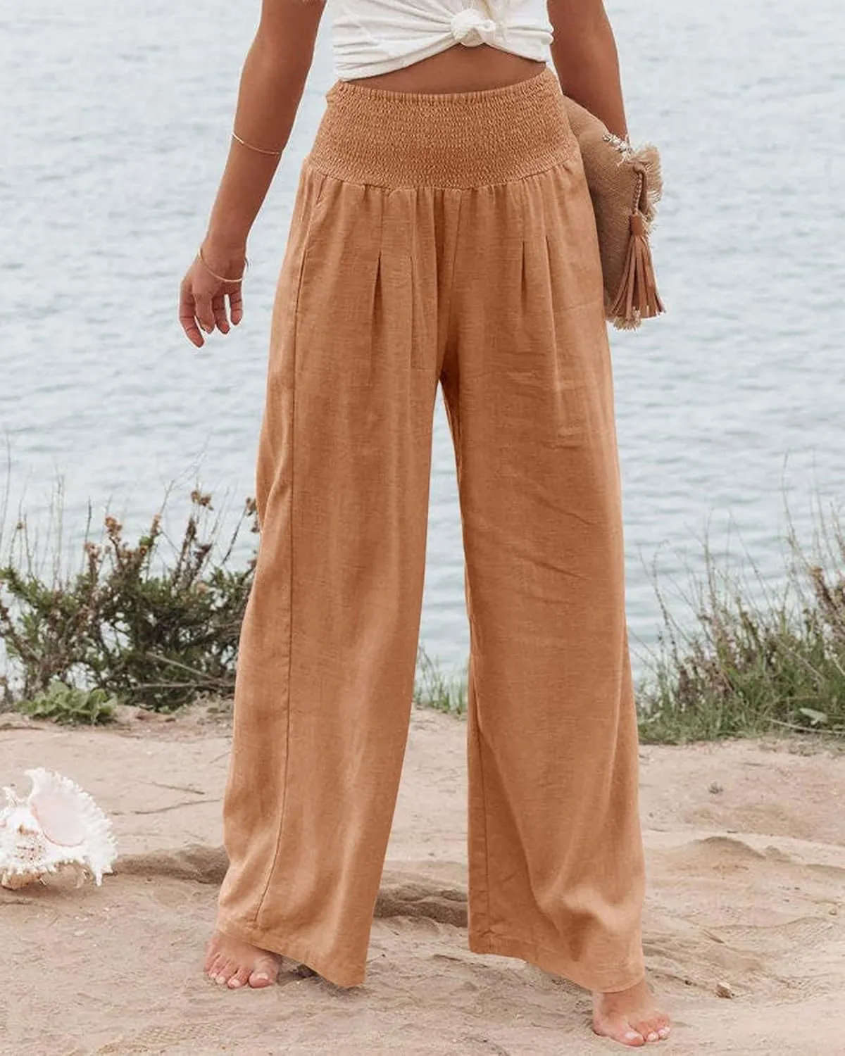 Womens Wide Leg Pants Linen Palazzo Pant Tummy Control Elastic High Waisted Lounge Pants Beach Trousers with Pocket