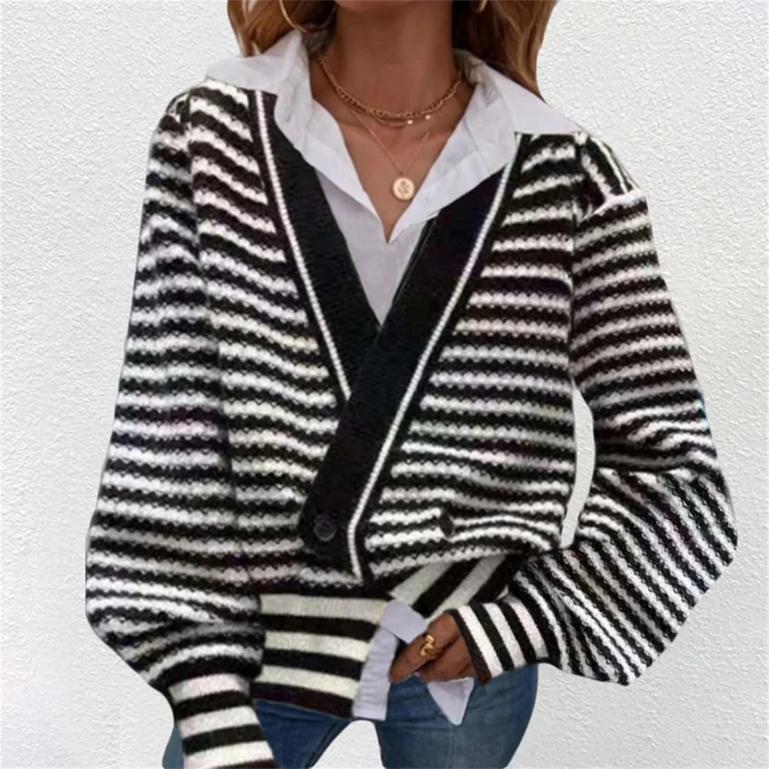Womens Winter Casual Striped Long Sleeve Sweaters Oversized V Neck Button Down Sweater Top Drop Shoulder Outerwear