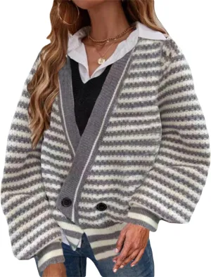 Womens Winter Casual Striped Long Sleeve Sweaters Oversized V Neck Button Down Sweater Top Drop Shoulder Outerwear
