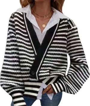 Womens Winter Casual Striped Long Sleeve Sweaters Oversized V Neck Button Down Sweater Top Drop Shoulder Outerwear