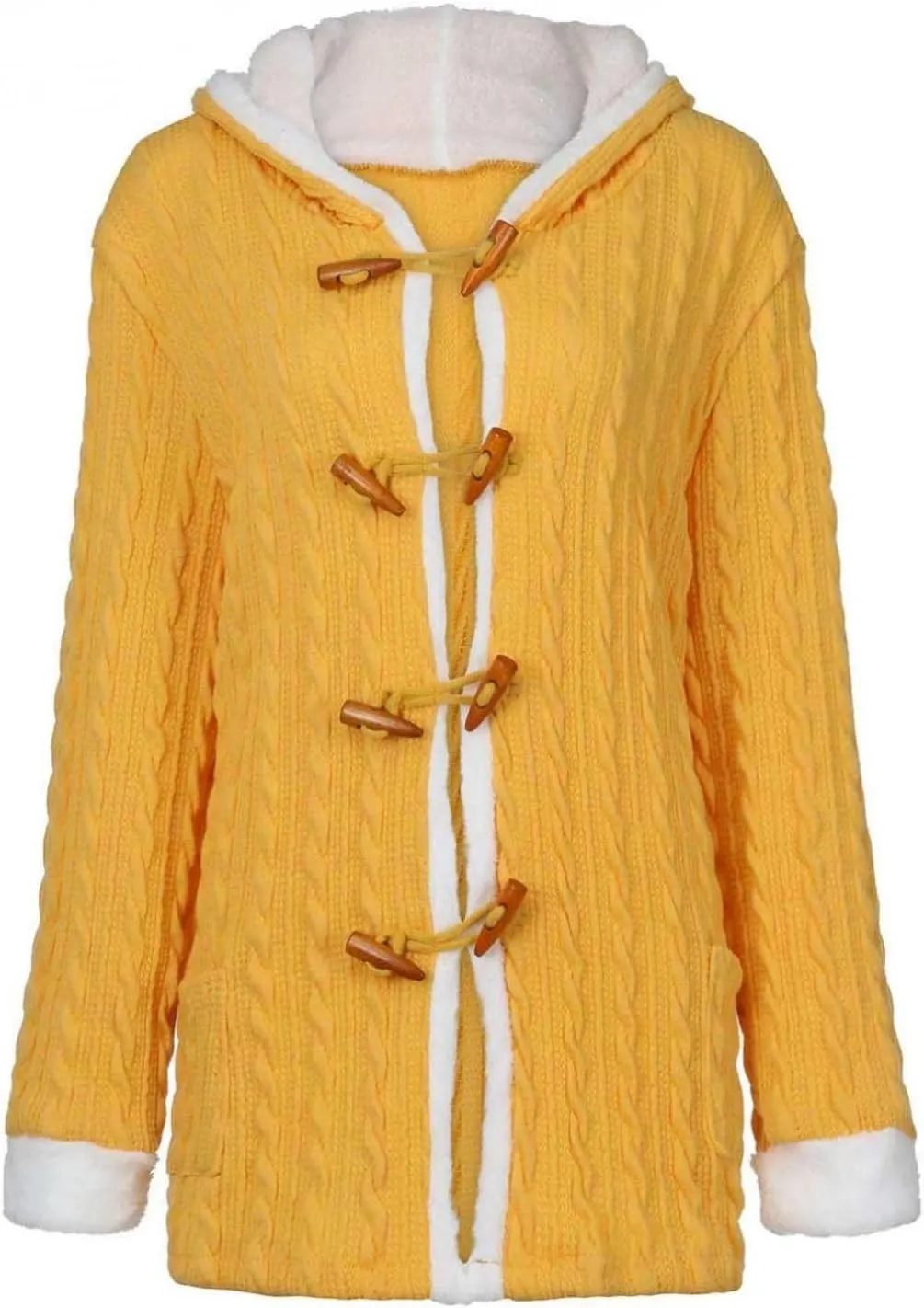 Womens Winter Fleece Liner Hooded Cardigans Button Up Cable Knit Sweater Coat Solid Classic Outerwear with Pockets