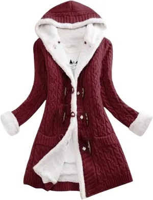 Womens Winter Fleece Liner Hooded Cardigans Button Up Cable Knit Sweater Coat Solid Classic Outerwear with Pockets