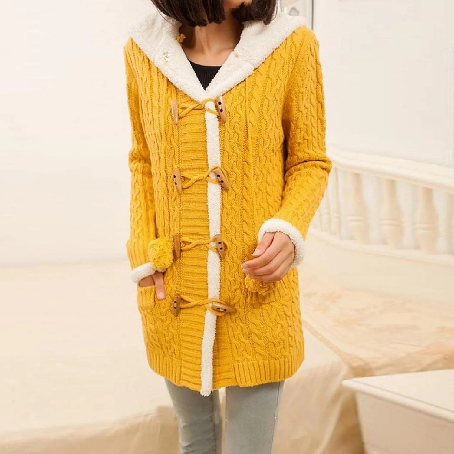 Womens Winter Fleece Liner Hooded Cardigans Button Up Cable Knit Sweater Coat Solid Classic Outerwear with Pockets