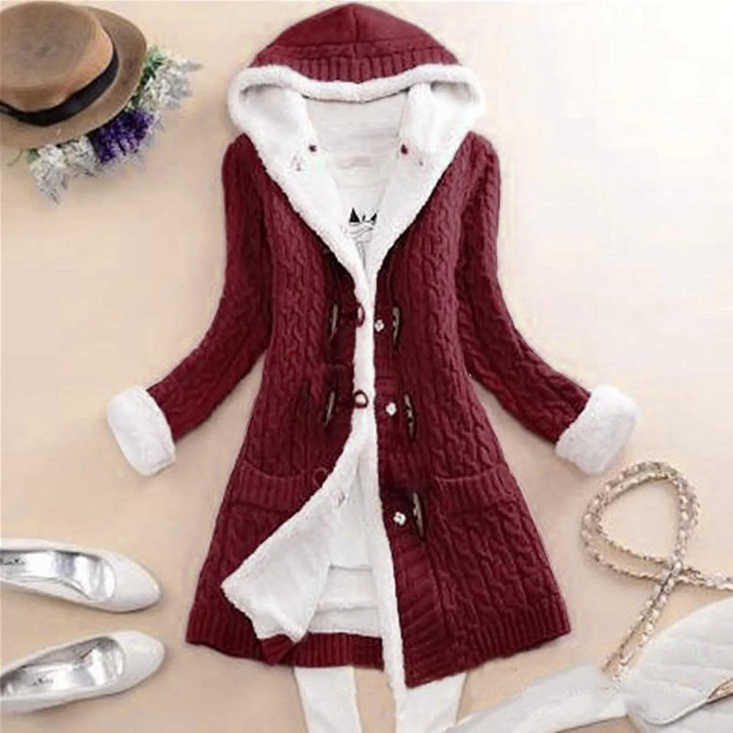 Womens Winter Fleece Liner Hooded Cardigans Button Up Cable Knit Sweater Coat Solid Classic Outerwear with Pockets