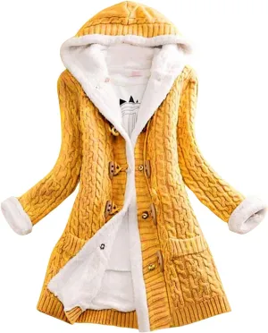 Womens Winter Fleece Liner Hooded Cardigans Button Up Cable Knit Sweater Coat Solid Classic Outerwear with Pockets