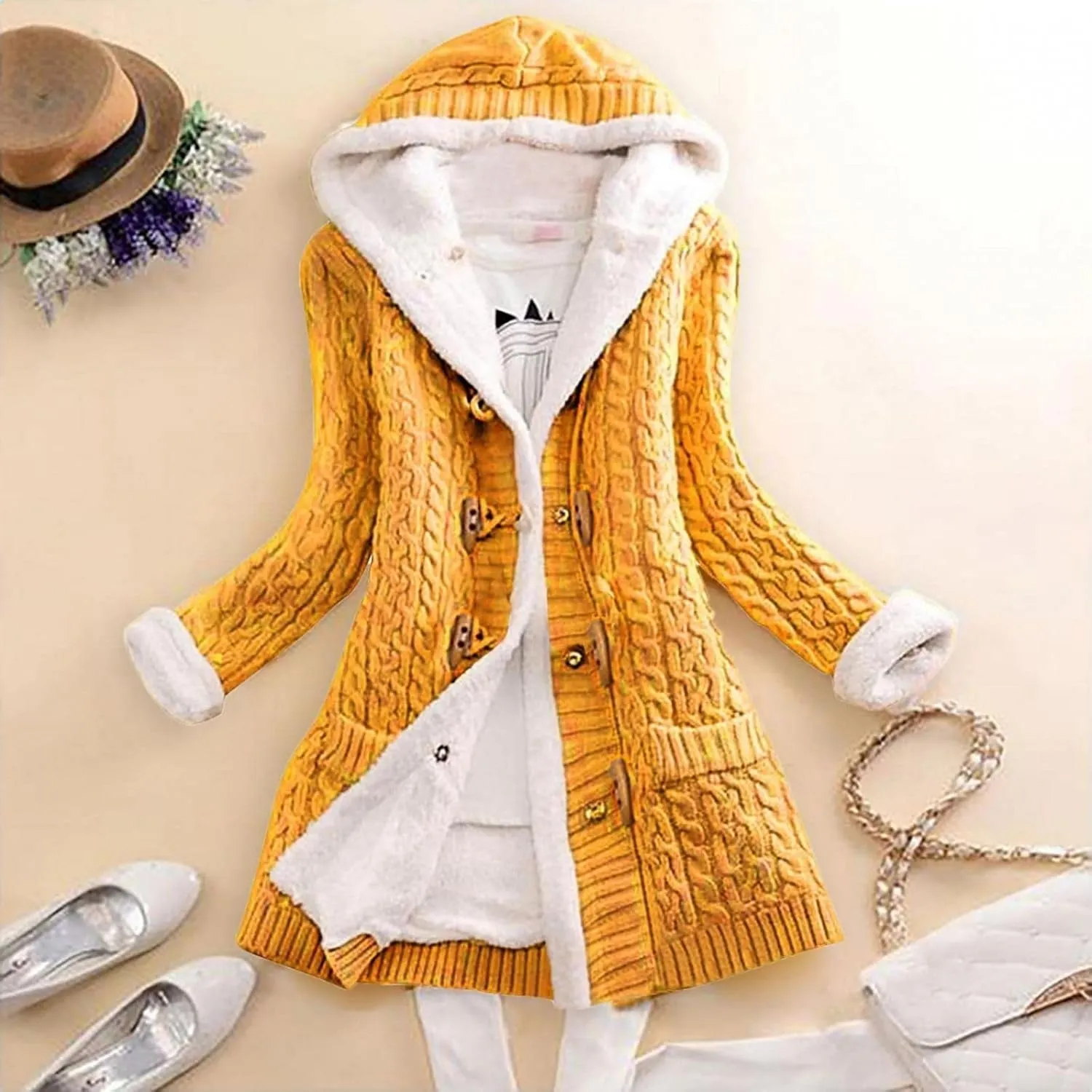 Womens Winter Fleece Liner Hooded Cardigans Button Up Cable Knit Sweater Coat Solid Classic Outerwear with Pockets