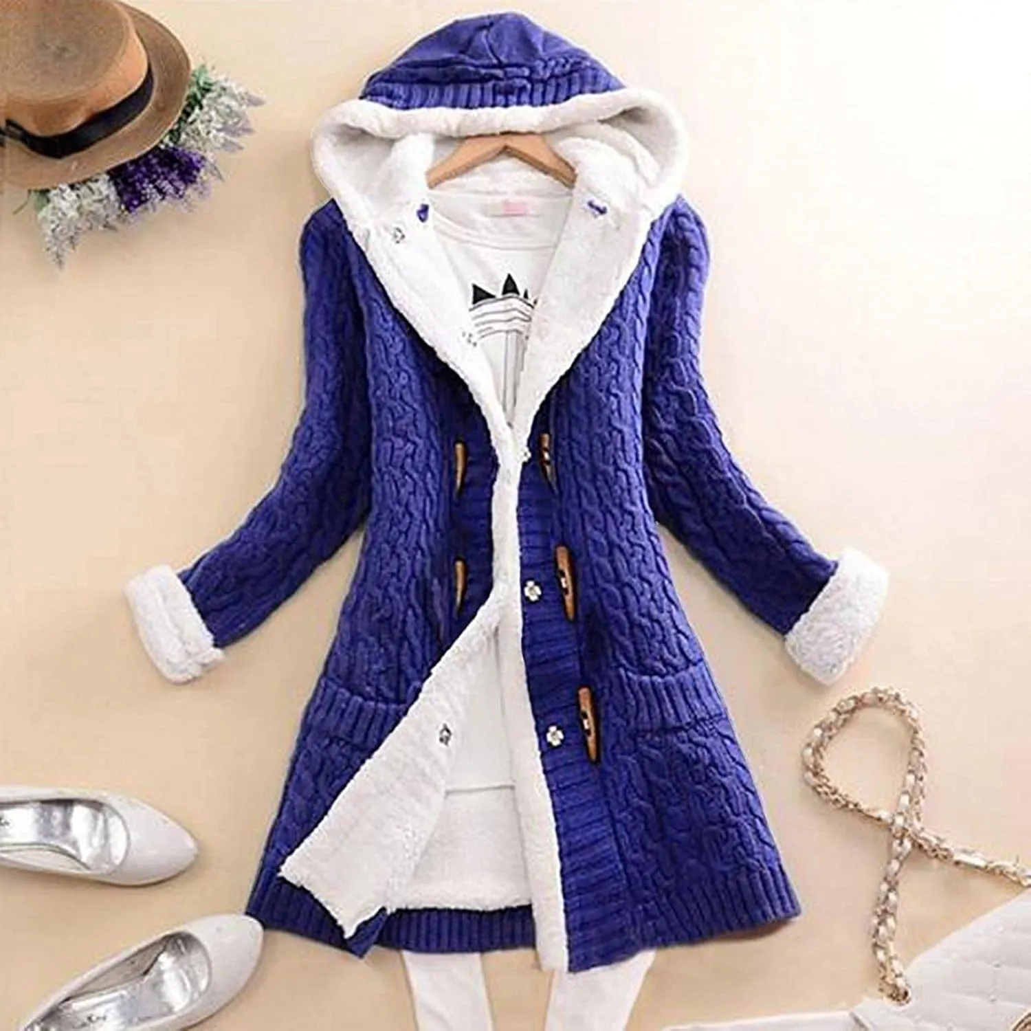 Womens Winter Fleece Liner Hooded Cardigans Button Up Cable Knit Sweater Coat Solid Classic Outerwear with Pockets