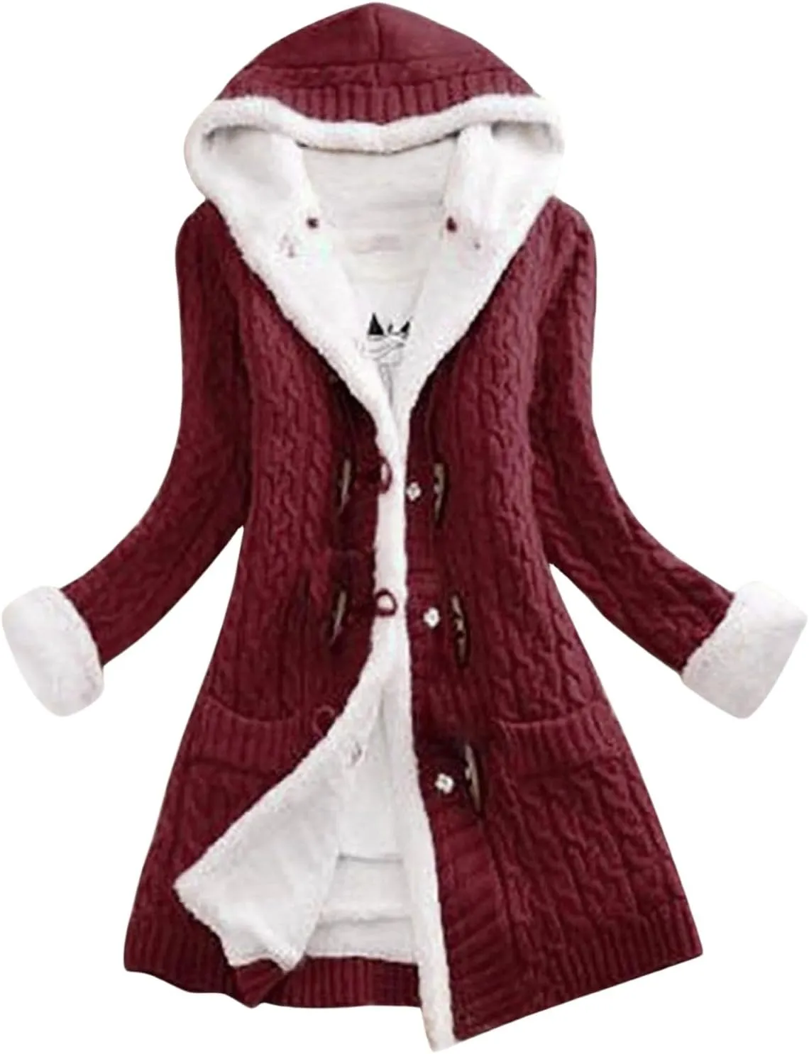 Womens Winter Fleece Liner Hooded Cardigans Button Up Cable Knit Sweater Coat Solid Classic Outerwear with Pockets