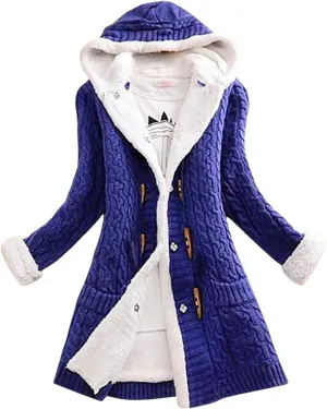 Womens Winter Fleece Liner Hooded Cardigans Button Up Cable Knit Sweater Coat Solid Classic Outerwear with Pockets