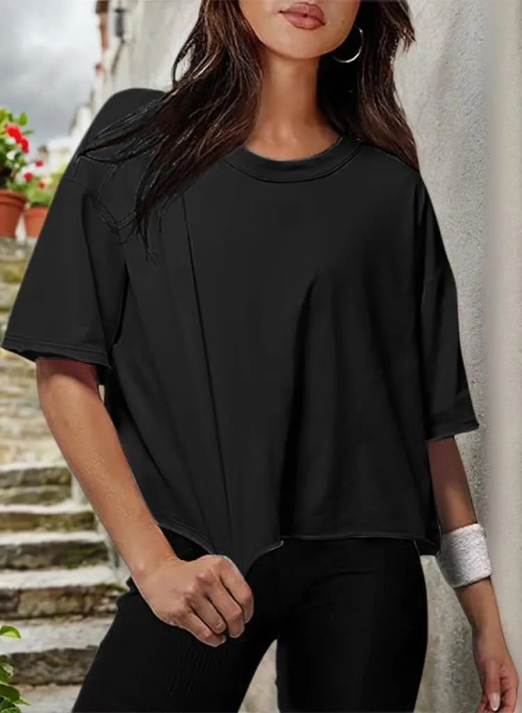 Womens Workout Cropped T Shirts Short Sleeve Drop Shoulder Tees Round Neck Loose Fit Basic Solid Crop Tops