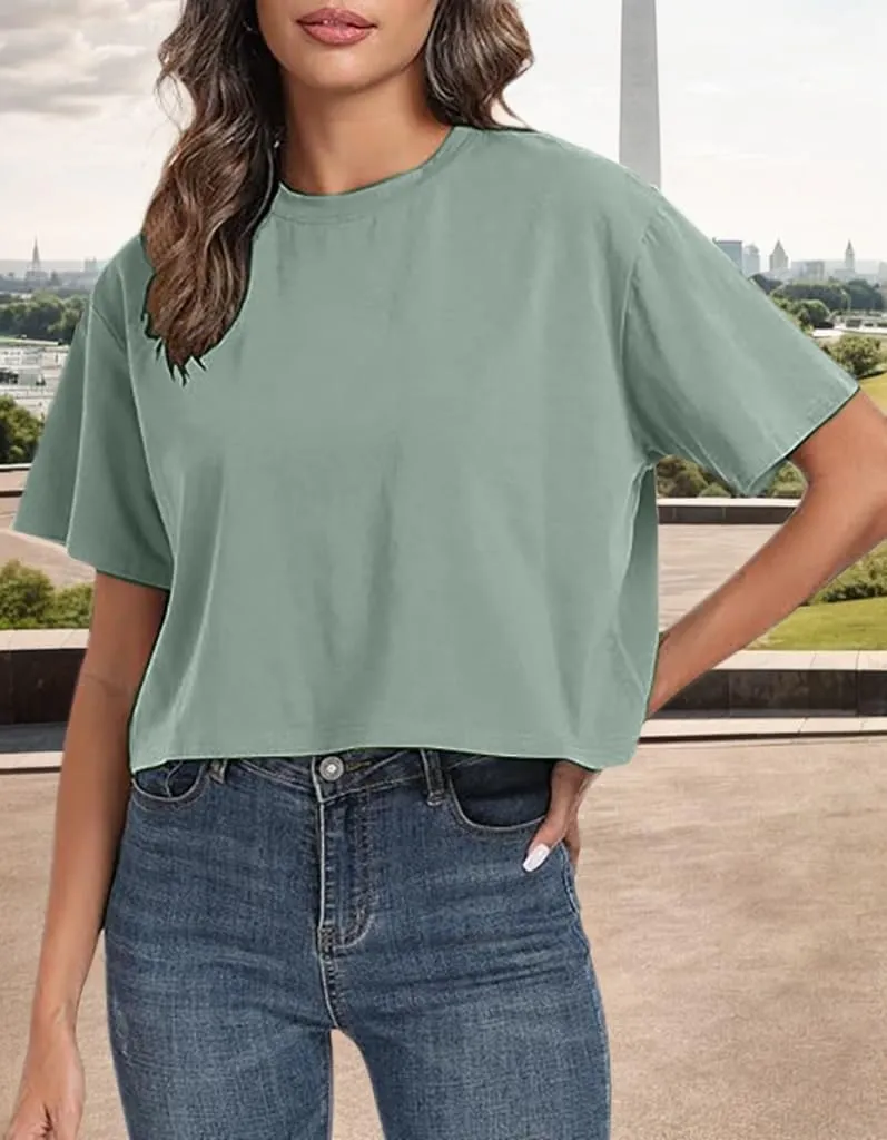 Womens Workout Cropped T Shirts Short Sleeve Drop Shoulder Tees Round Neck Loose Fit Basic Solid Crop Tops