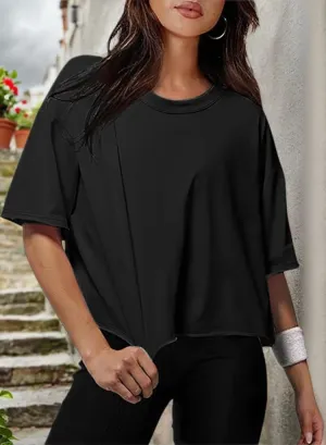 Womens Workout Cropped T Shirts Short Sleeve Drop Shoulder Tees Round Neck Loose Fit Basic Solid Crop Tops