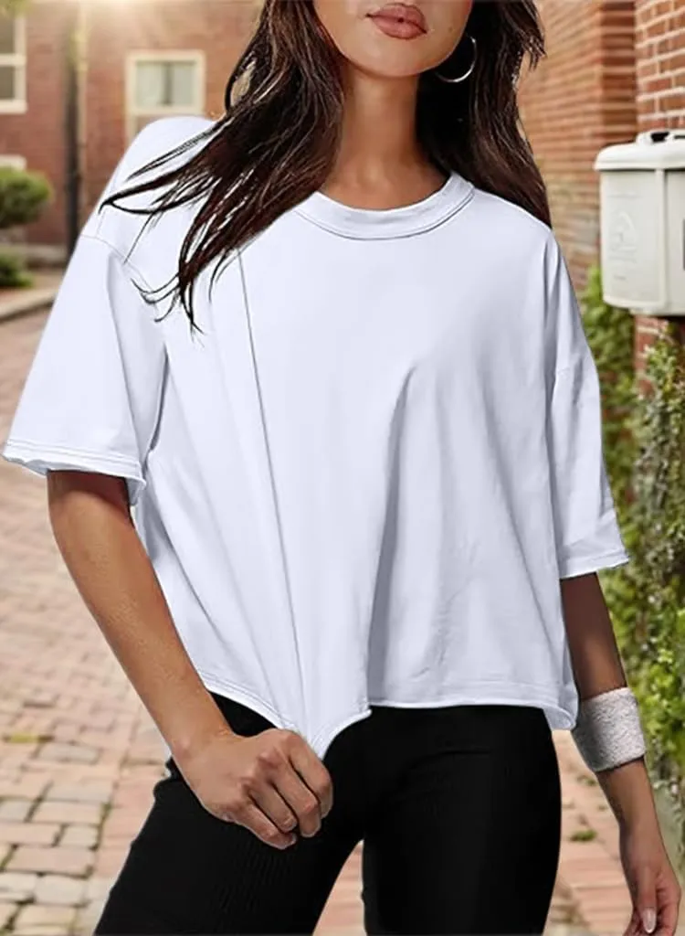 Womens Workout Cropped T Shirts Short Sleeve Drop Shoulder Tees Round Neck Loose Fit Basic Solid Crop Tops