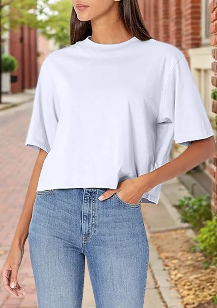 Womens Workout Cropped T Shirts Short Sleeve Drop Shoulder Tees Round Neck Loose Fit Basic Solid Crop Tops