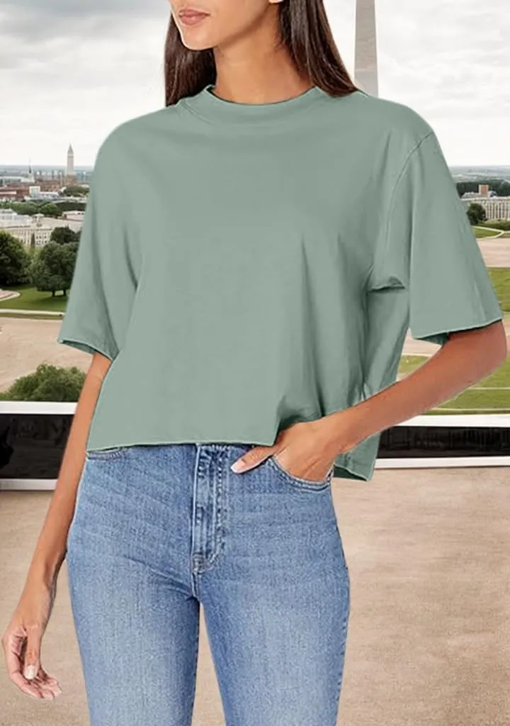 Womens Workout Cropped T Shirts Short Sleeve Drop Shoulder Tees Round Neck Loose Fit Basic Solid Crop Tops