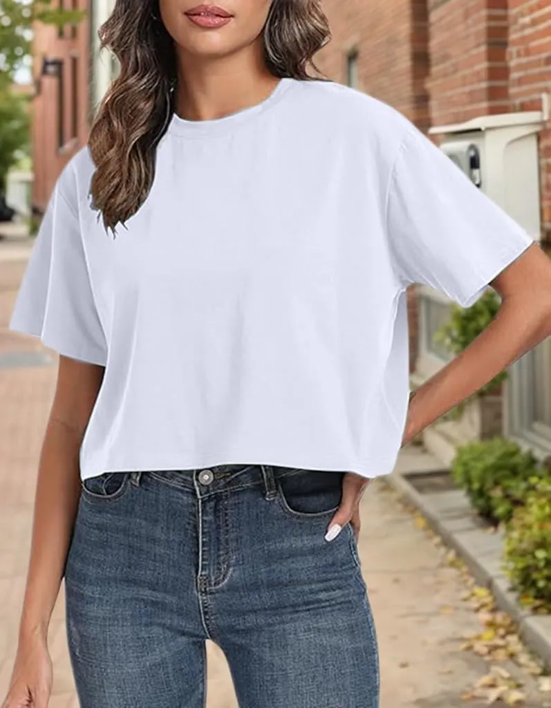 Womens Workout Cropped T Shirts Short Sleeve Drop Shoulder Tees Round Neck Loose Fit Basic Solid Crop Tops
