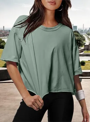 Womens Workout Cropped T Shirts Short Sleeve Drop Shoulder Tees Round Neck Loose Fit Basic Solid Crop Tops