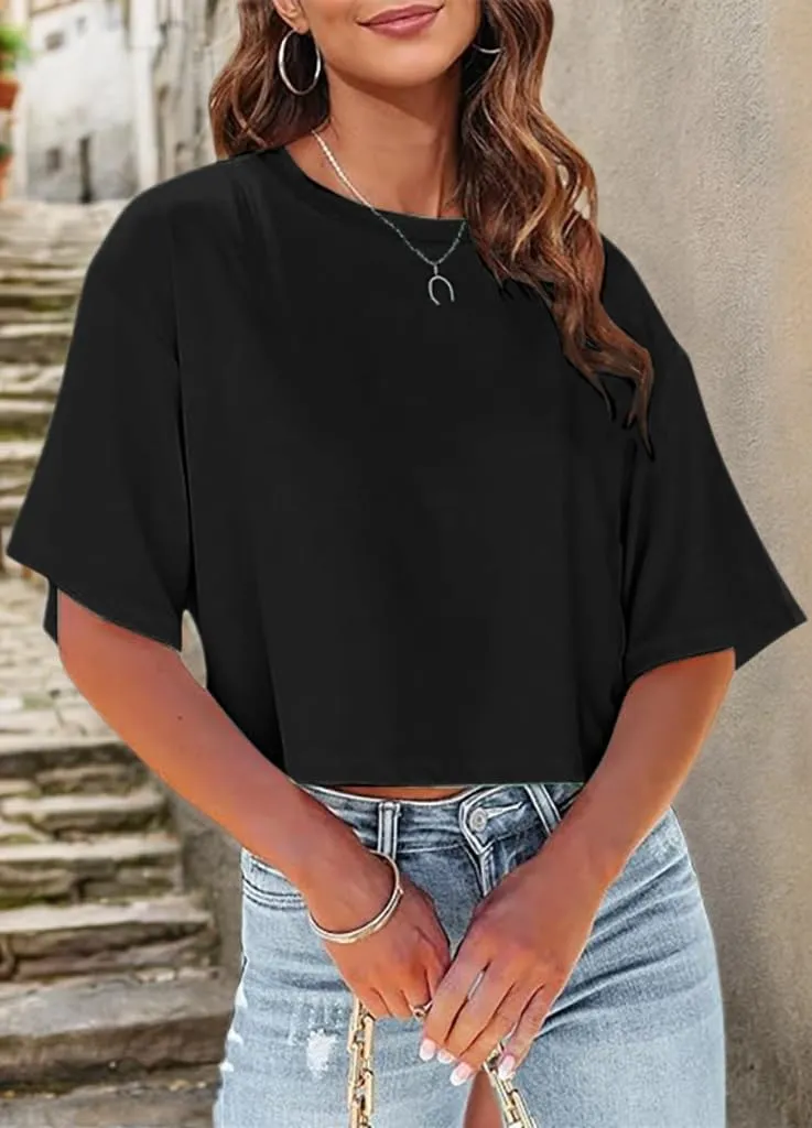 Womens Workout Cropped T Shirts Short Sleeve Drop Shoulder Tees Round Neck Loose Fit Basic Solid Crop Tops