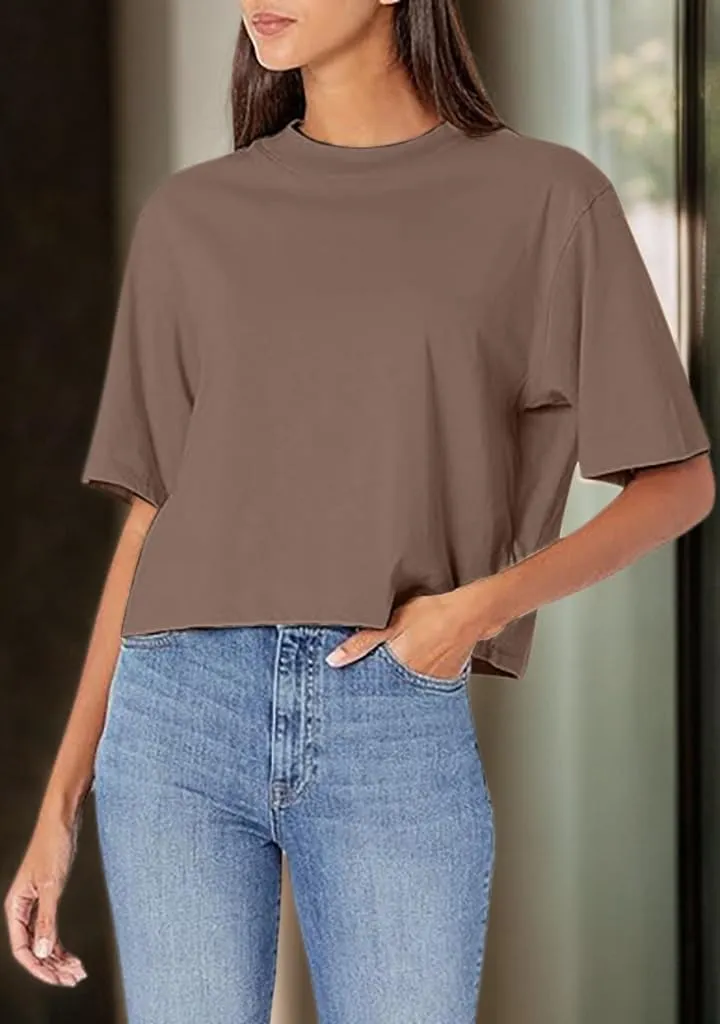 Womens Workout Cropped T Shirts Short Sleeve Drop Shoulder Tees Round Neck Loose Fit Basic Solid Crop Tops