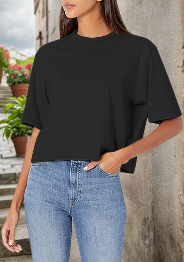 Womens Workout Cropped T Shirts Short Sleeve Drop Shoulder Tees Round Neck Loose Fit Basic Solid Crop Tops