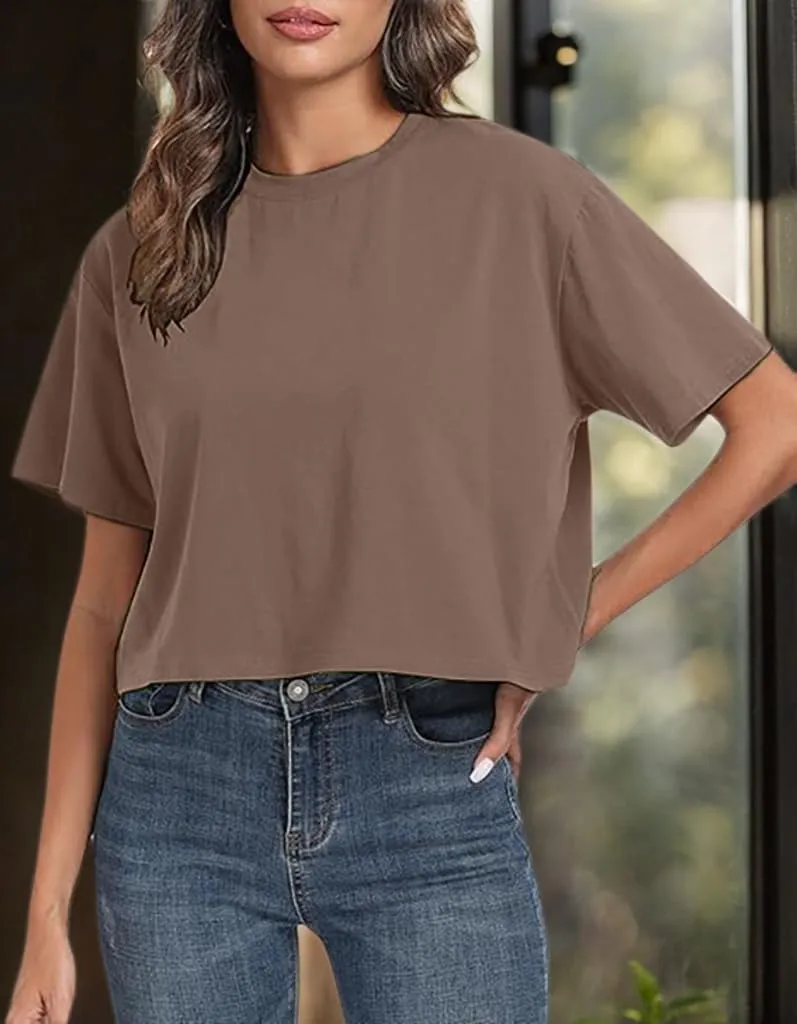 Womens Workout Cropped T Shirts Short Sleeve Drop Shoulder Tees Round Neck Loose Fit Basic Solid Crop Tops