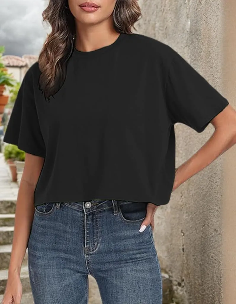Womens Workout Cropped T Shirts Short Sleeve Drop Shoulder Tees Round Neck Loose Fit Basic Solid Crop Tops
