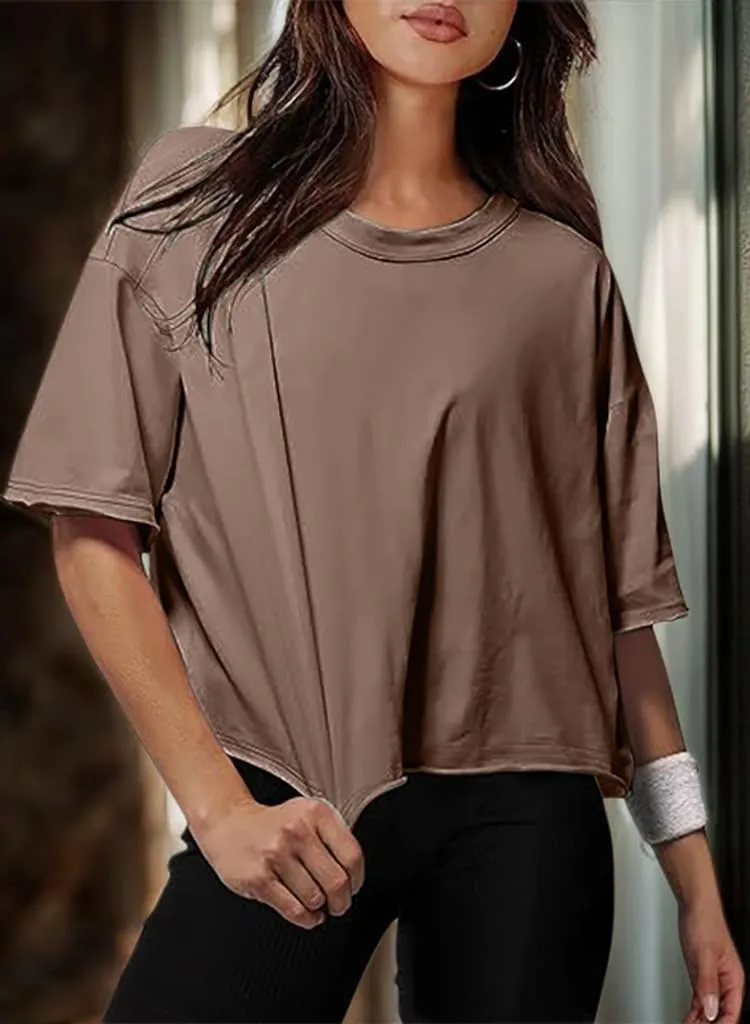 Womens Workout Cropped T Shirts Short Sleeve Drop Shoulder Tees Round Neck Loose Fit Basic Solid Crop Tops
