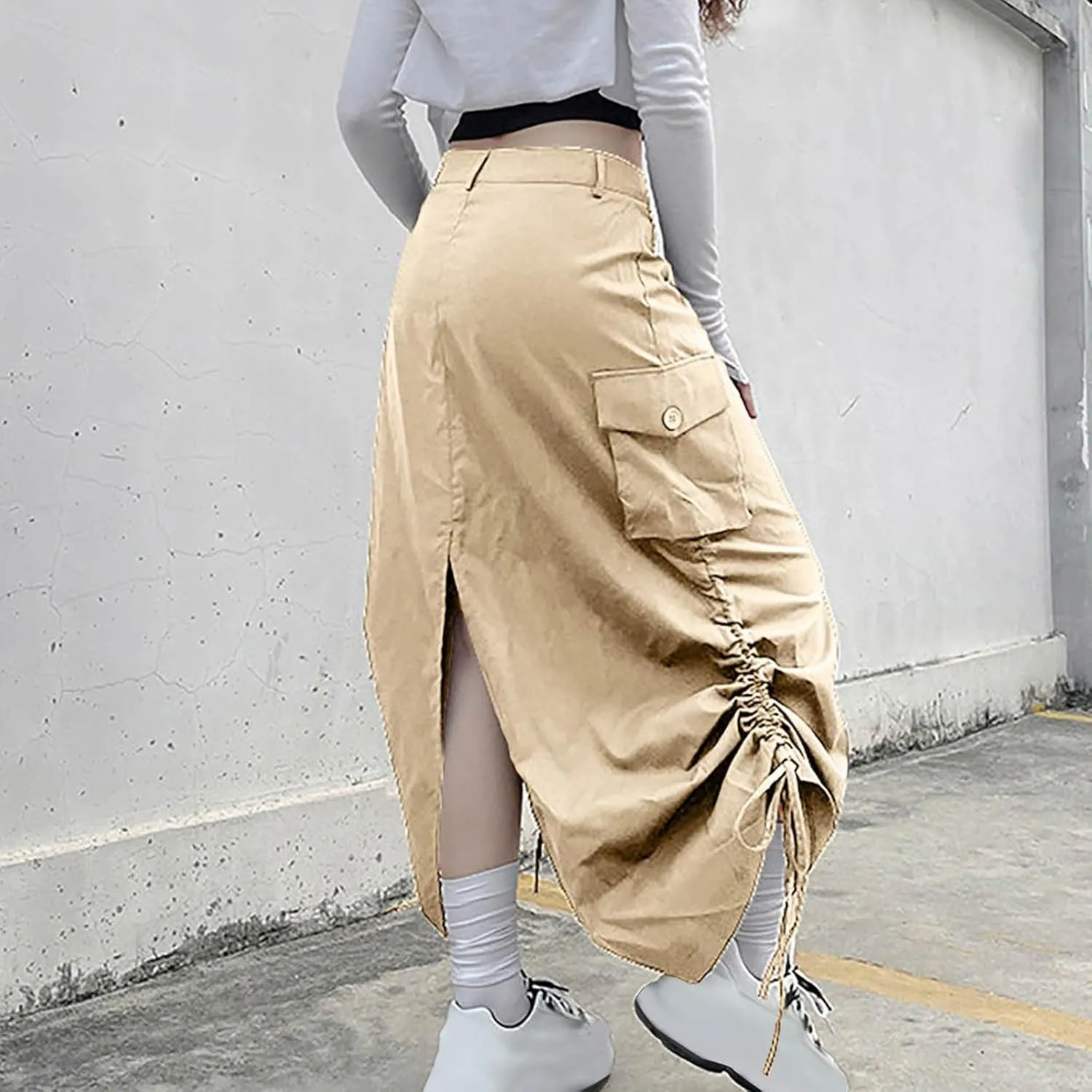 Women's Y2K Cargo Long Skirts Low Waist Drawstring Slit Maxi Skirt Ruched Girls Vintage Streetwear with Cargo Pockets