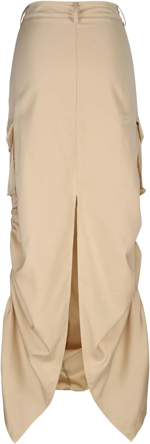 Women's Y2K Cargo Long Skirts Low Waist Drawstring Slit Maxi Skirt Ruched Girls Vintage Streetwear with Cargo Pockets