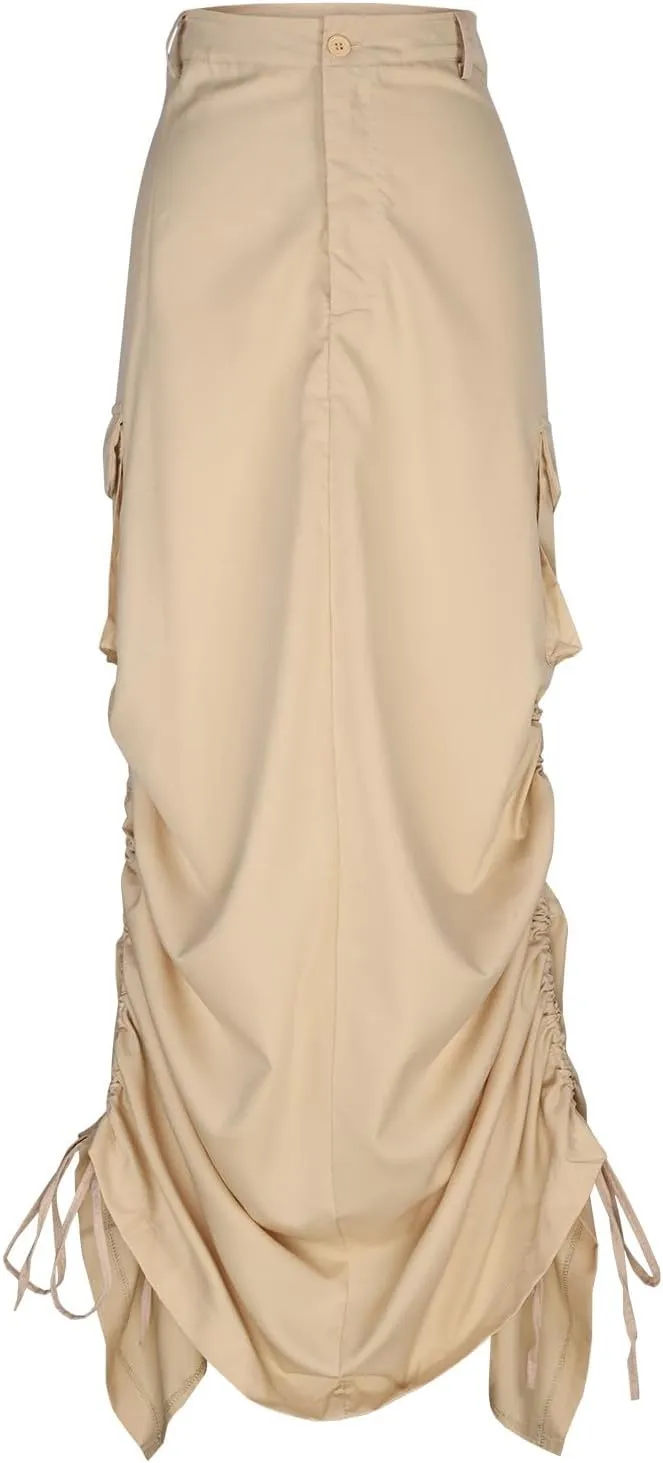 Women's Y2K Cargo Long Skirts Low Waist Drawstring Slit Maxi Skirt Ruched Girls Vintage Streetwear with Cargo Pockets