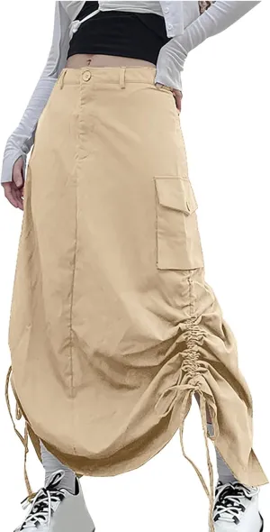 Women's Y2K Cargo Long Skirts Low Waist Drawstring Slit Maxi Skirt Ruched Girls Vintage Streetwear with Cargo Pockets