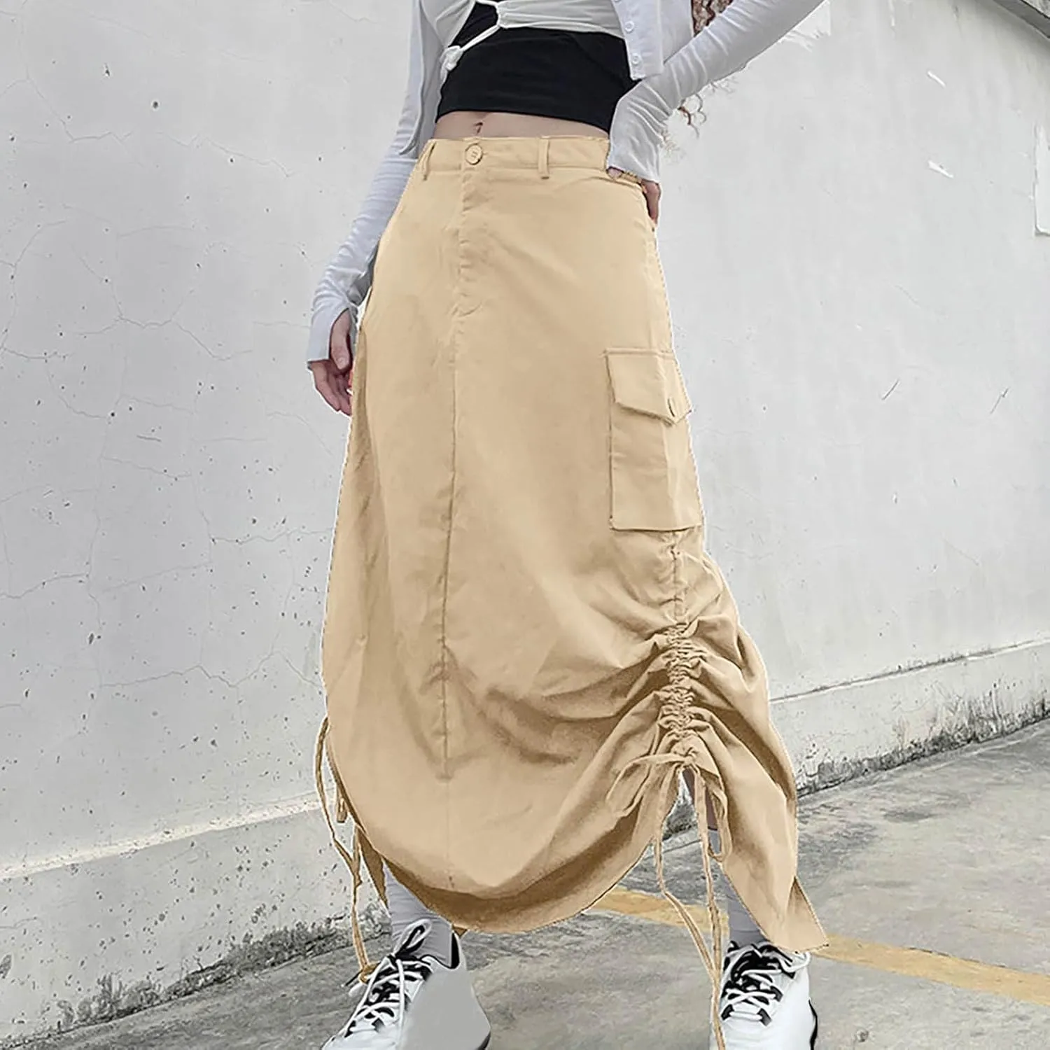 Women's Y2K Cargo Long Skirts Low Waist Drawstring Slit Maxi Skirt Ruched Girls Vintage Streetwear with Cargo Pockets