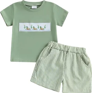 WZTYYDS Toddler Baby Boy Clothes Striped Embroidery T-Shirt Elastic Waist Shorts Set 2Pcs Infant Summer Outfits