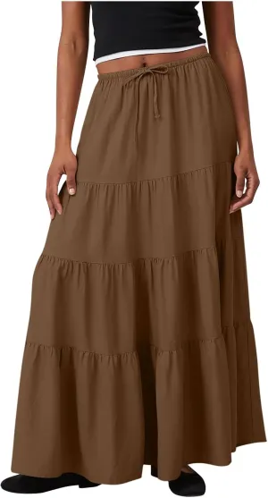 Xiaojmake Women Ruffle Boho Maxi Skirts High-Waist Drawstring Pleated Long Skirt Summer Casual A Line Flowy Skirts Beach Wear