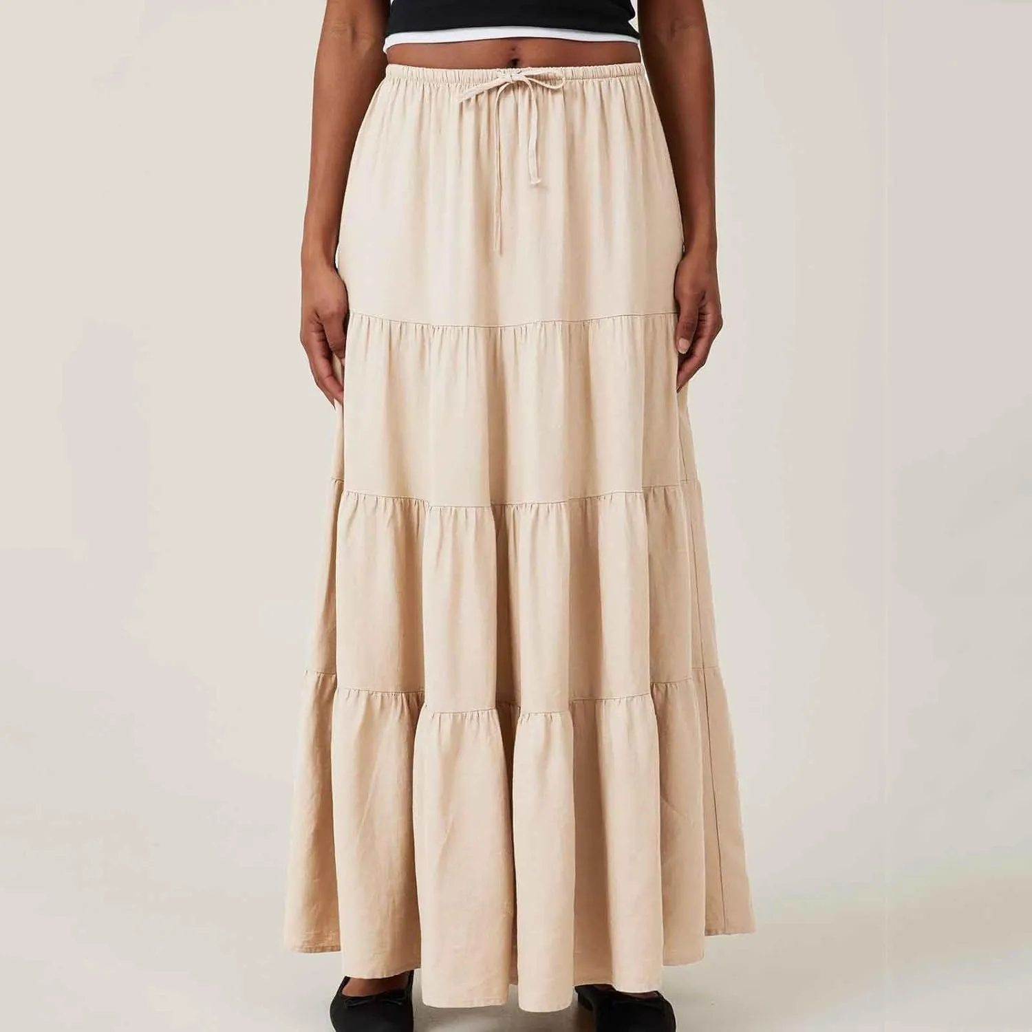 Xiaojmake Women Ruffle Boho Maxi Skirts High-Waist Drawstring Pleated Long Skirt Summer Casual A Line Flowy Skirts Beach Wear
