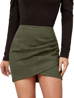 XOWRTE Mini Skirt Women's Sexy Faux Suede Short Skirt High Waist Tight Pencil Skirt Plain Leather Skirt Irregular A-line