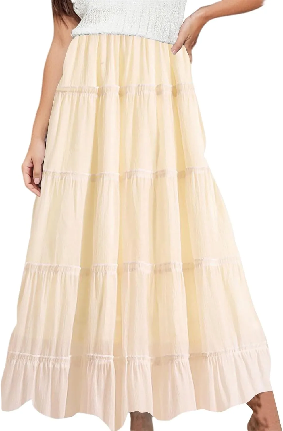 XOWRTE Womens Summer Boho Maxi Skirts Smocked High Wasited Flowy Tiered Ruffle A Line Long Beach Skirt Skirt