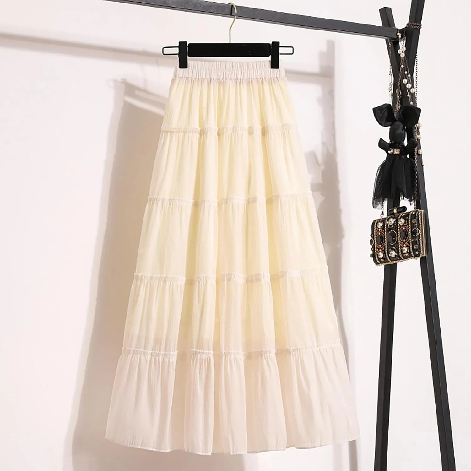 XOWRTE Womens Summer Boho Maxi Skirts Smocked High Wasited Flowy Tiered Ruffle A Line Long Beach Skirt Skirt