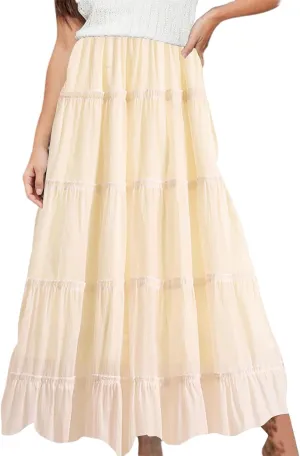 XOWRTE Womens Summer Boho Maxi Skirts Smocked High Wasited Flowy Tiered Ruffle A Line Long Beach Skirt Skirt