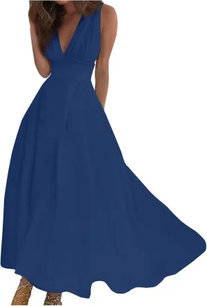Yesunpxs Women's 2024 Floral Printed Maxi Dress - Sleeveless, V-Neck, Wrap, Midi, All Seasons, Size M, Summery Floral