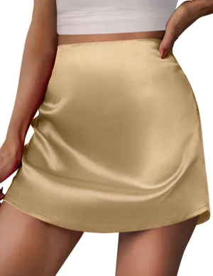 Zeagoo Satin Mini Skirt Summer Skirts for Women High Waisted Aline Zipper Shorts Trendy Cute Petite Skirt Light Brown