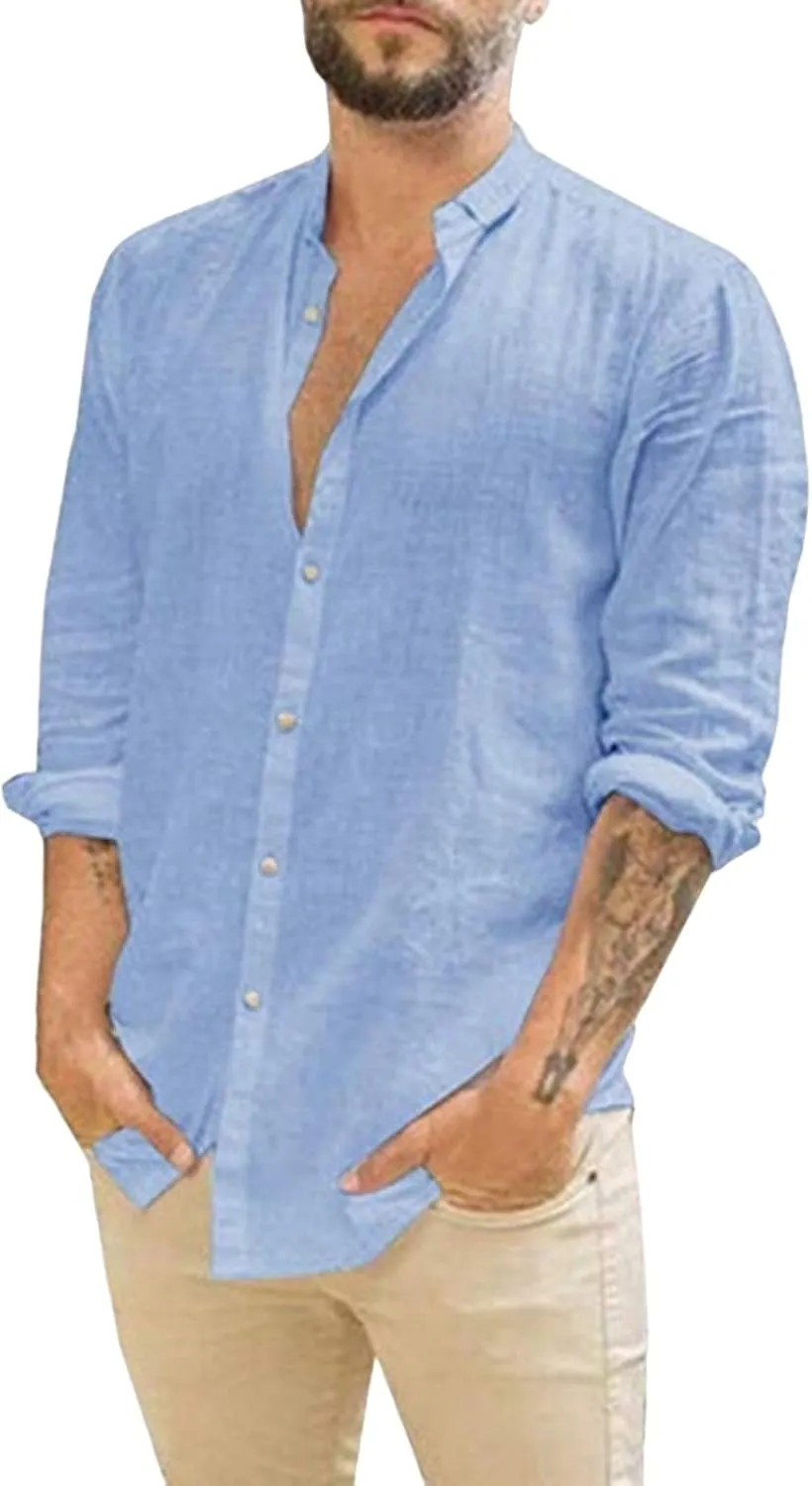 ZWRXW Mens Cotton Linen Shirts Long Sleeve Casual Buttons Down Solid Plain Roll-Up Sleeve Summer Beach Shirts