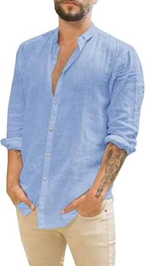 ZWRXW Mens Cotton Linen Shirts Long Sleeve Casual Buttons Down Solid Plain Roll-Up Sleeve Summer Beach Shirts